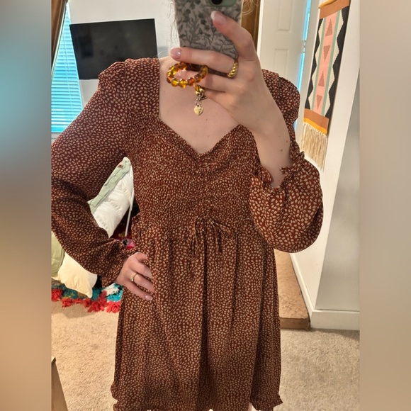 Boho ruched orange mini dress with long sleeves! - Picture 7 of 9